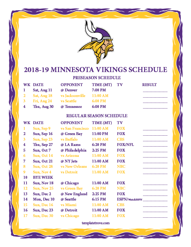 Printable 2018 2019 Minnesota Vikings Schedule