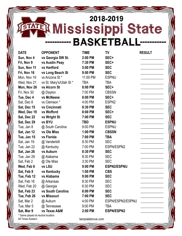 Printable 2018 2019 Mississippi State Bulldgos Basketball 