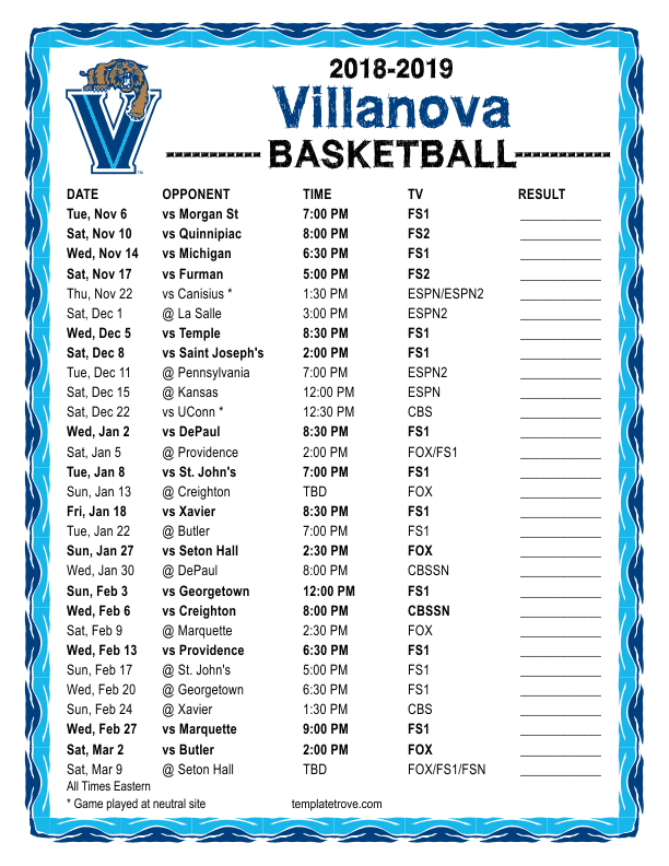 Printable 2018 2019 Villanova Wildcats Basketball Schedule