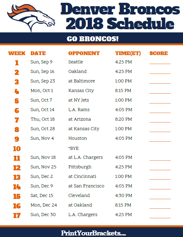 Printable 2018 Denver Broncos Football Schedule 