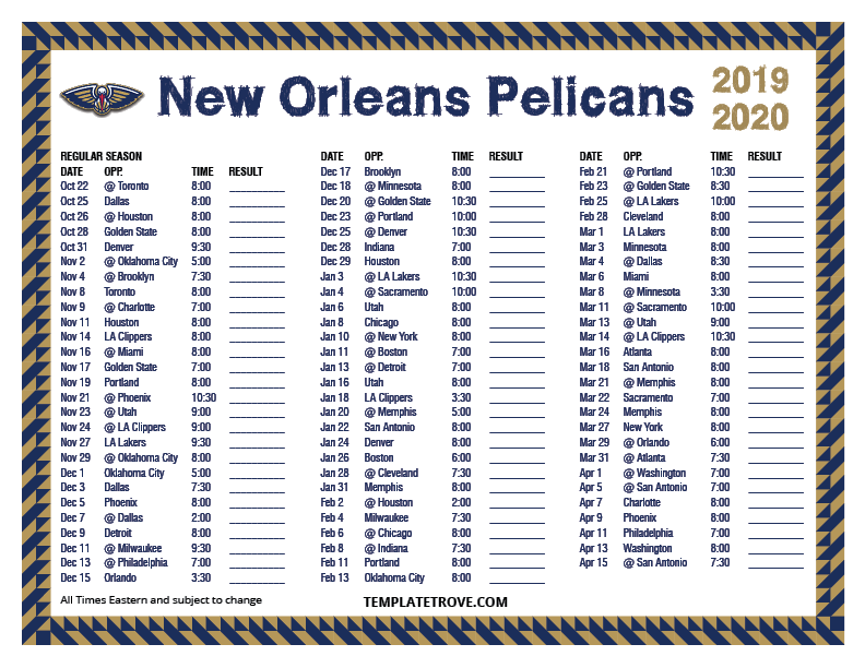 Printable 2019 2020 New Orleans Pelicans Schedule