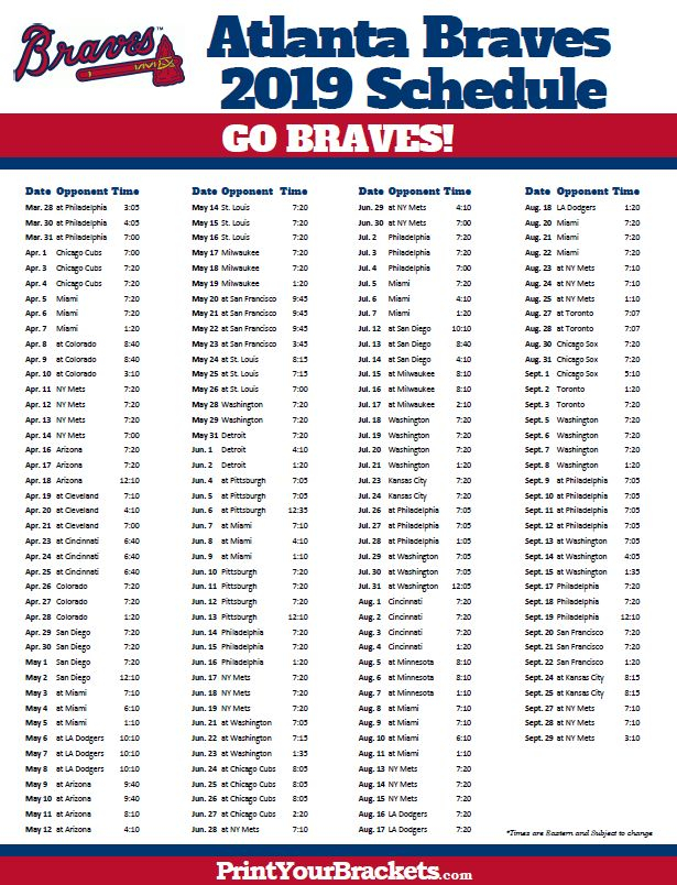Printable 2019 Atlanta Braves Schedule Atlanta Braves 