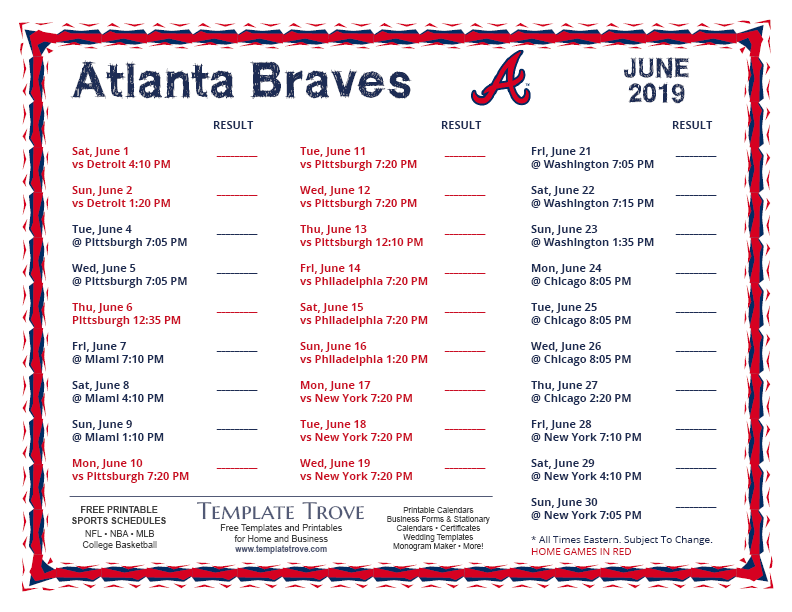 Printable 2019 Atlanta Braves Schedule