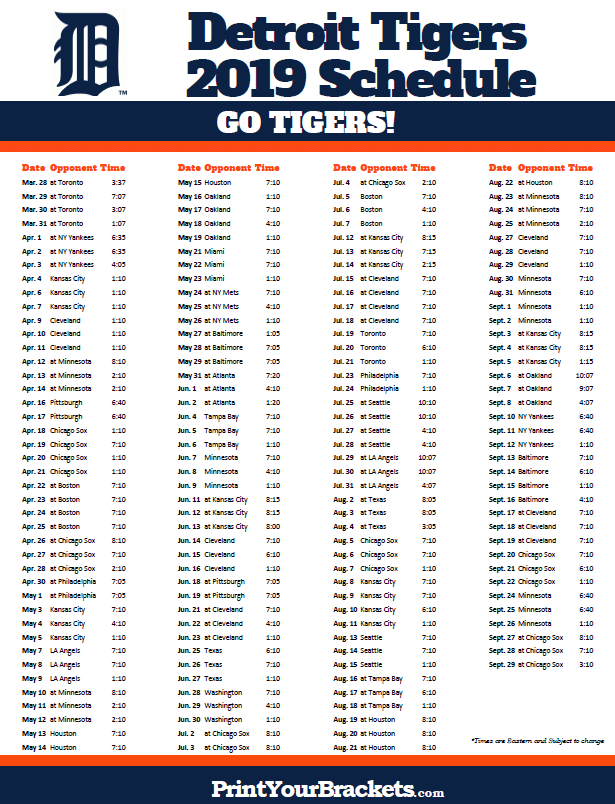 Printable 2019 Detroit Tigers Schedule Detroit Tigers 