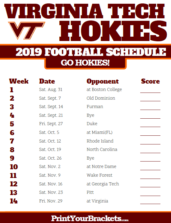 Printable 2019 Virginia Tech Hokies Football Schedule 