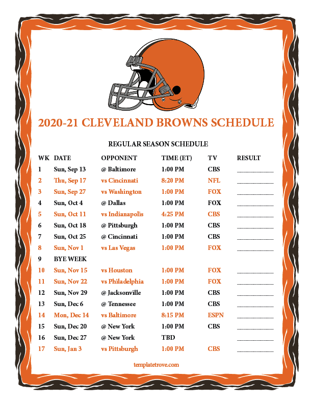 Printable 2020 2021 Cleveland Browns Schedule