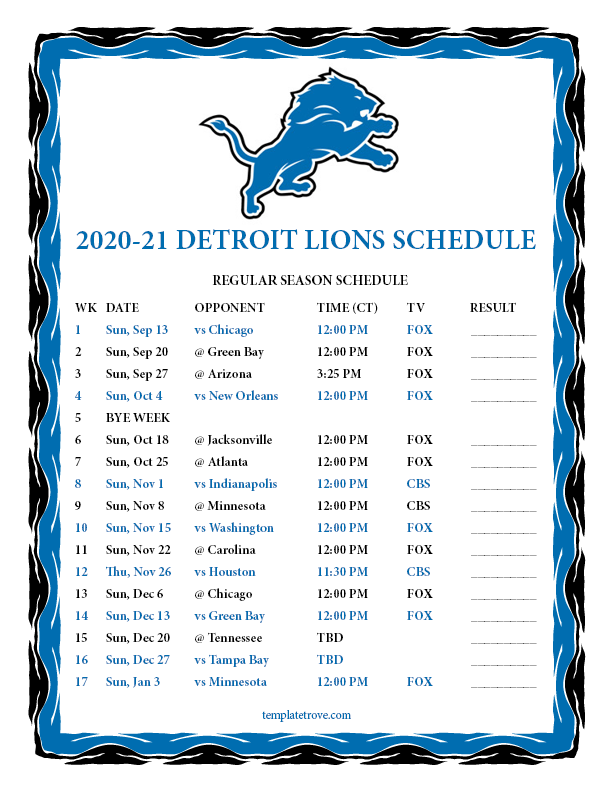 Printable 2020 2021 Detroit Lions Schedule