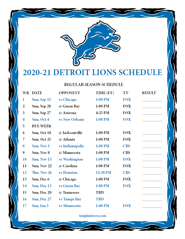Printable 2020 2021 Detroit Lions Schedule