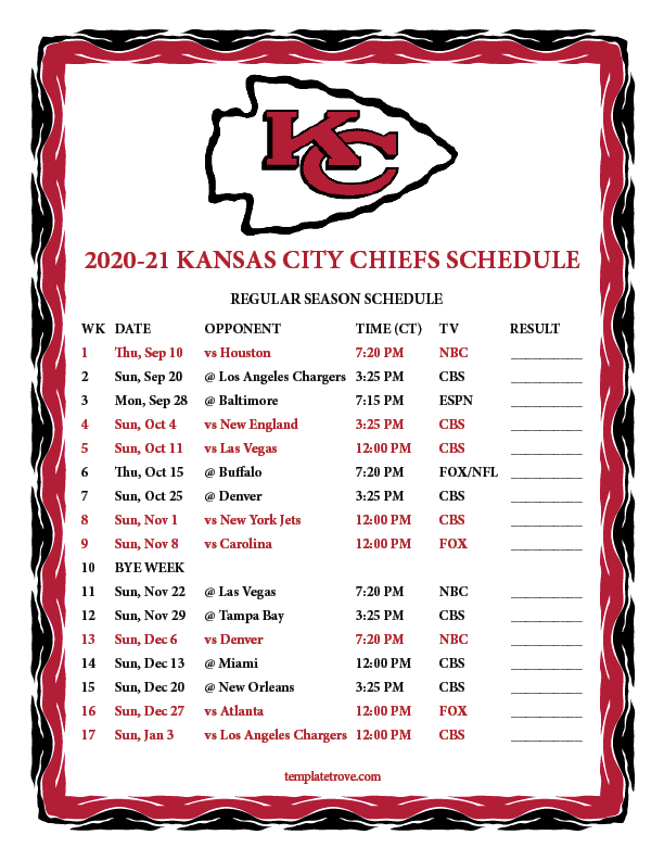 Printable 2020 2021 Kansas City Chiefs Schedule
