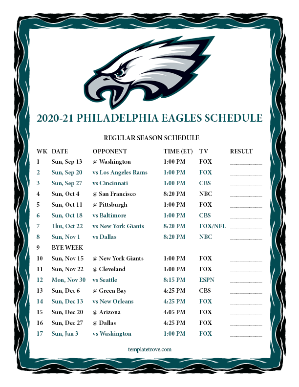 Printable 2020 2021 Philadelphia Eagles Schedule