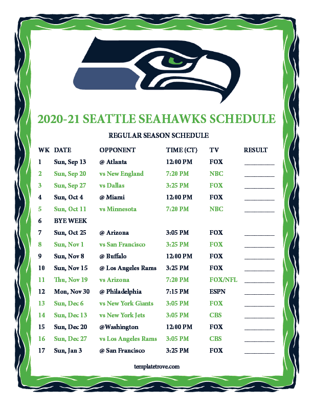 Printable 2020 2021 Seattle Seahawks Schedule