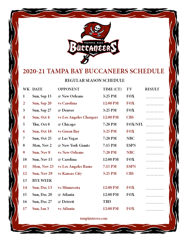 Printable 2020 2021 Tampa Bay Buccaneers Schedule