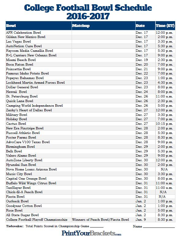 Printable College Football Bowl Schedule Pick em 