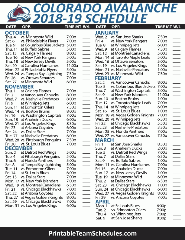 Printable Colorado Avalanche Schedule 2018 2019 In 