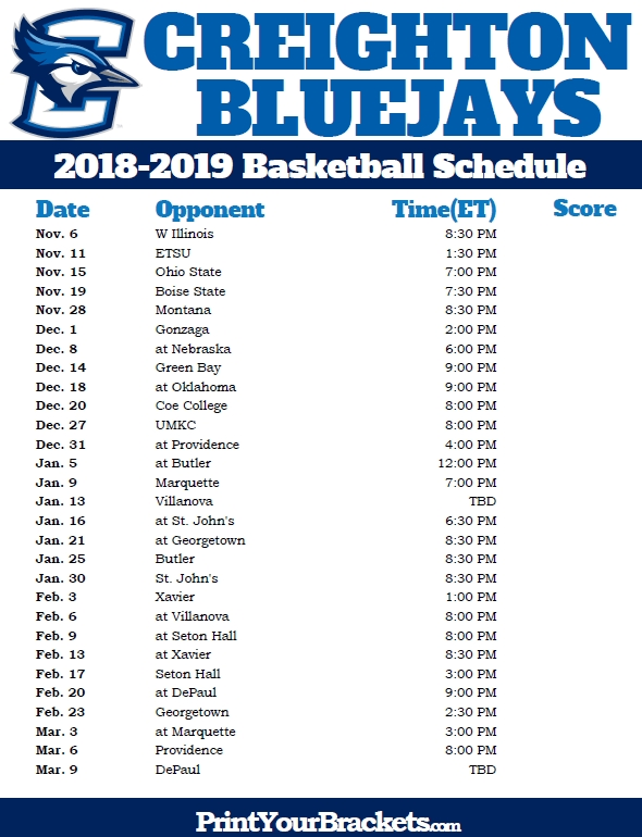 Printable Creighton Bluejays 2018 2019 Basketball Schedule