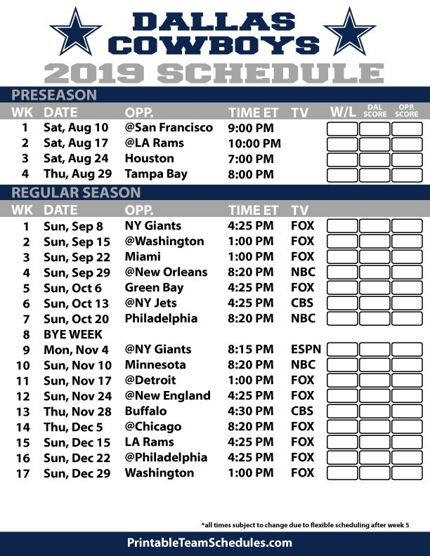 Printable Dallas Cowboys 2019 Schedule Cowboys Schedule 