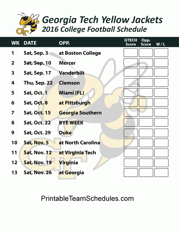 Printable Georgia Tech Yellow Jackets Football Schedule