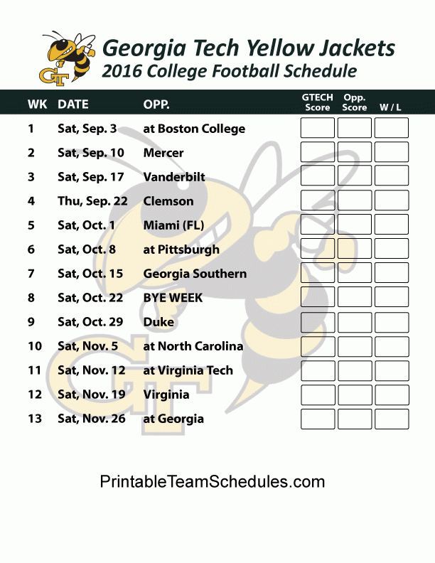 Printable Georgia Tech Yellow Jackets Football Schedule 