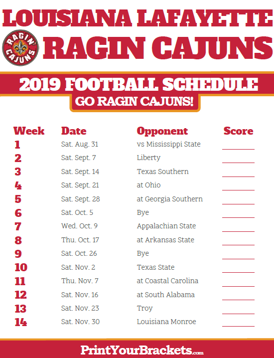 Printable Louisiana Lafayette Ragin Cajuns Football