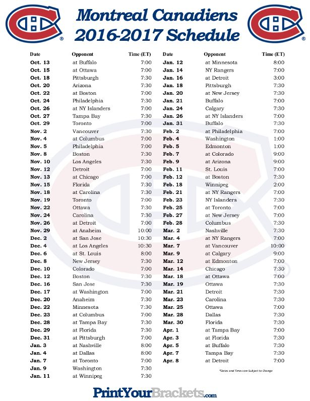 Printable Montreal Canadiens Hockey Schedule 2016 2017 