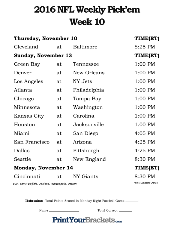 Printable NFL Week 10 Schedule Pick Em Office Pool 2016