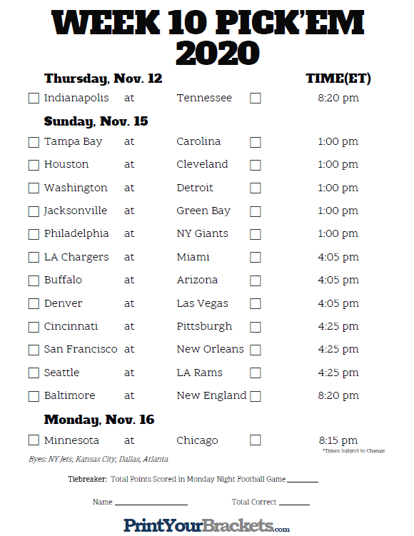 Printable NFL Week 10 Schedule Pick Em Pool 2020