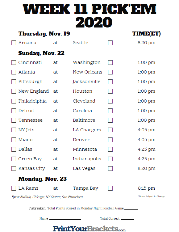 Printable NFL Week 11 Schedule Pick Em Pool 2020