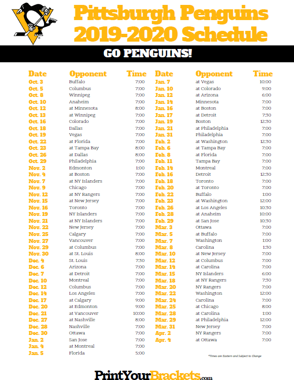 Printable Pittsburgh Penguins Hockey Schedule 2019 2020 