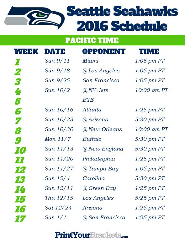 Printable Seattle Seahawks Pacific Time Schedule 