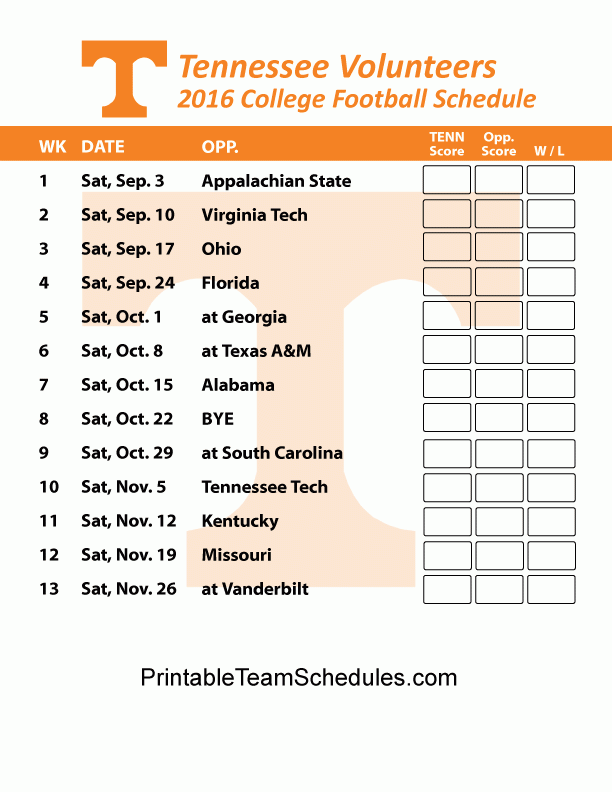 Tennessee Volunteers Football Schedule 2016 Printable 