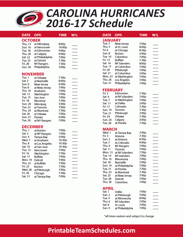 Printable Carolina Hurricanes Schedule Printable Schedule