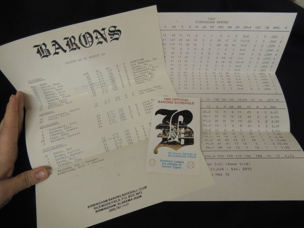 1982 Birmingham Barons Baseball Schedule AA Detroit Tigers 