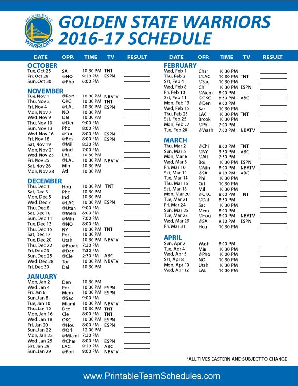 2016 17 Golden State Warriors Printable Schedule Golden