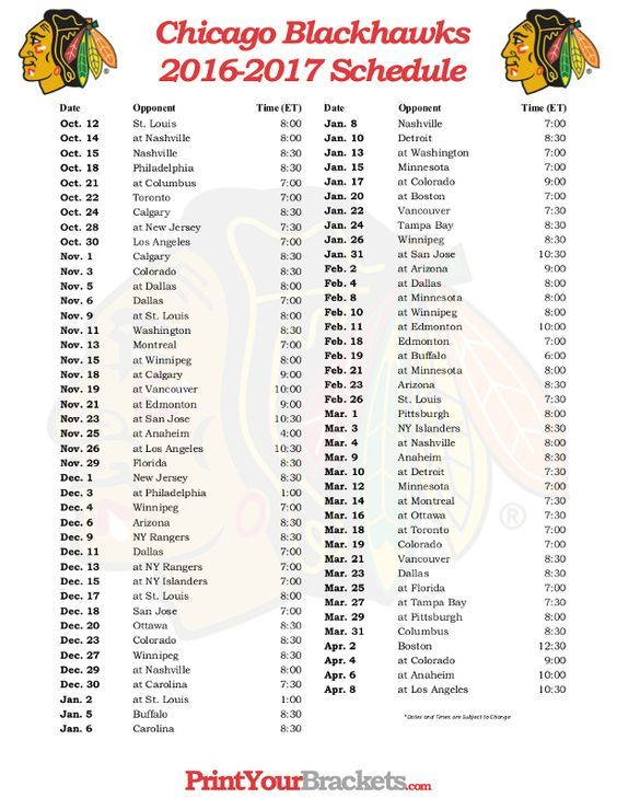 2016 2017 NHL Chicago Blackhawks Schedule Chicago 