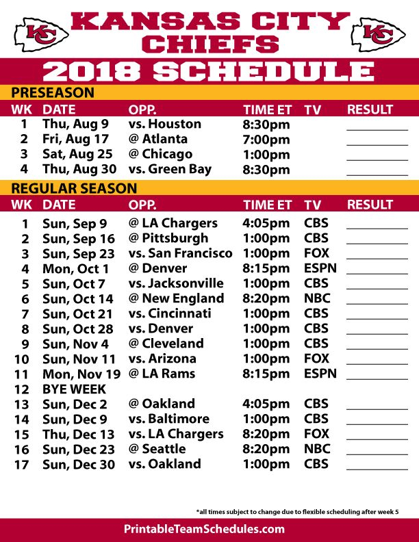 2018 19 Kansas City Chiefs Printable Schedule Kansas 