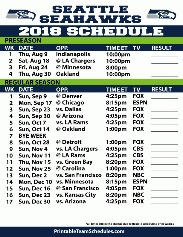 2018 19 Seattle Seahawks Printable Schedule Seattle 