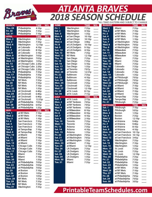2018 Atlanta Braves Printable Schedule