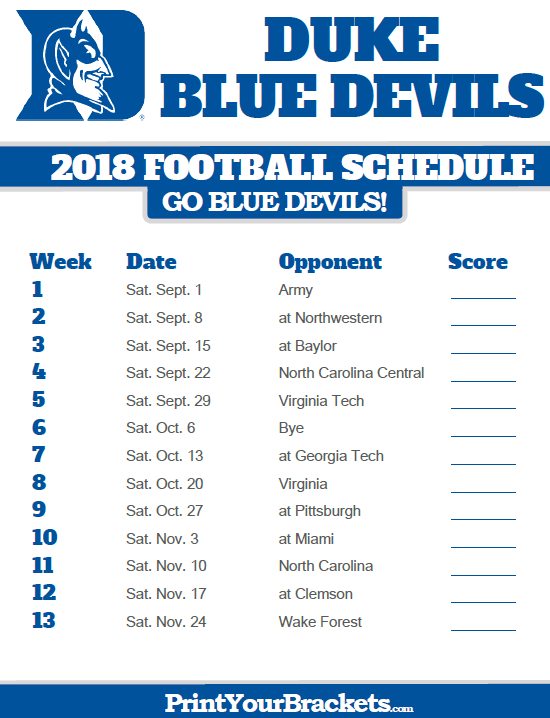 2018 Printable Duke Blue Devils Football Schedule Blue 