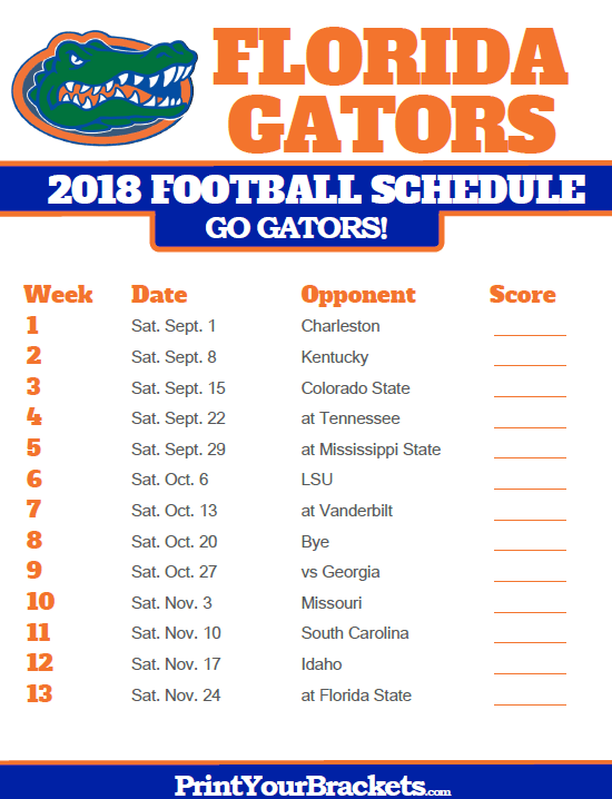 2018 Printable Florida Gators Football Schedule Florida 
