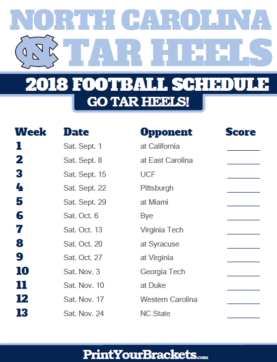 2018 Printable North Carolina Tar Heels Football Schedule
