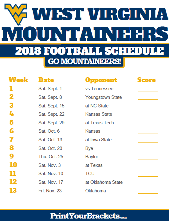 2018 Printable West Virginia Mountaineers Football 