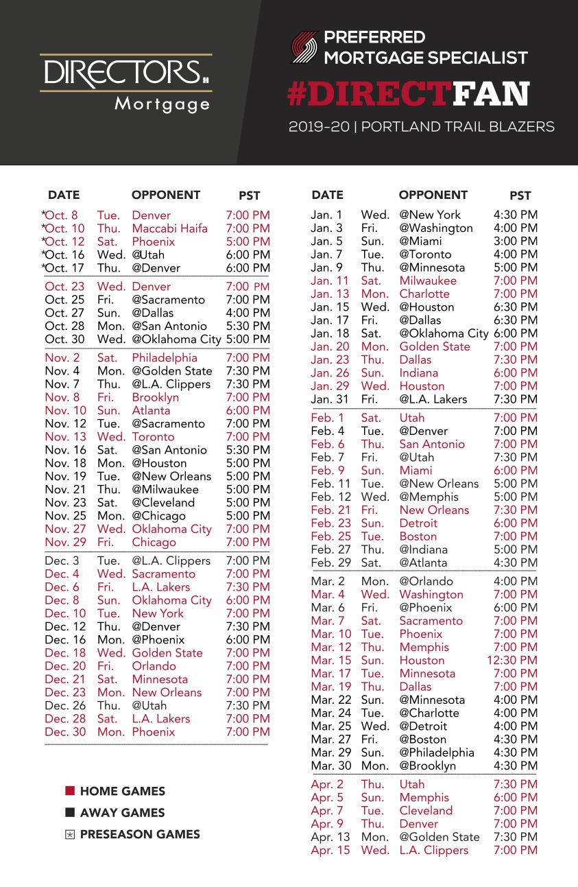 2019 20 Portland Trail Blazers Schedule Directors Mortgage