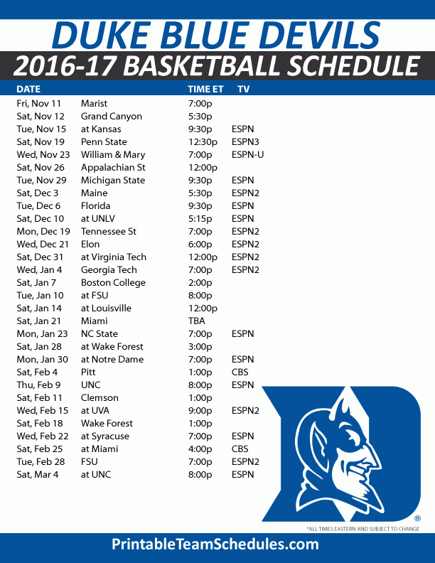 Duke Blue Devils Basketball Schedule 2016 17 Print Here 