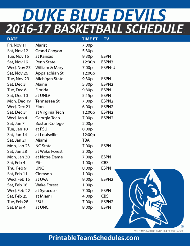 Duke Blue Devils Basketball Schedule 2016 17 Print Here