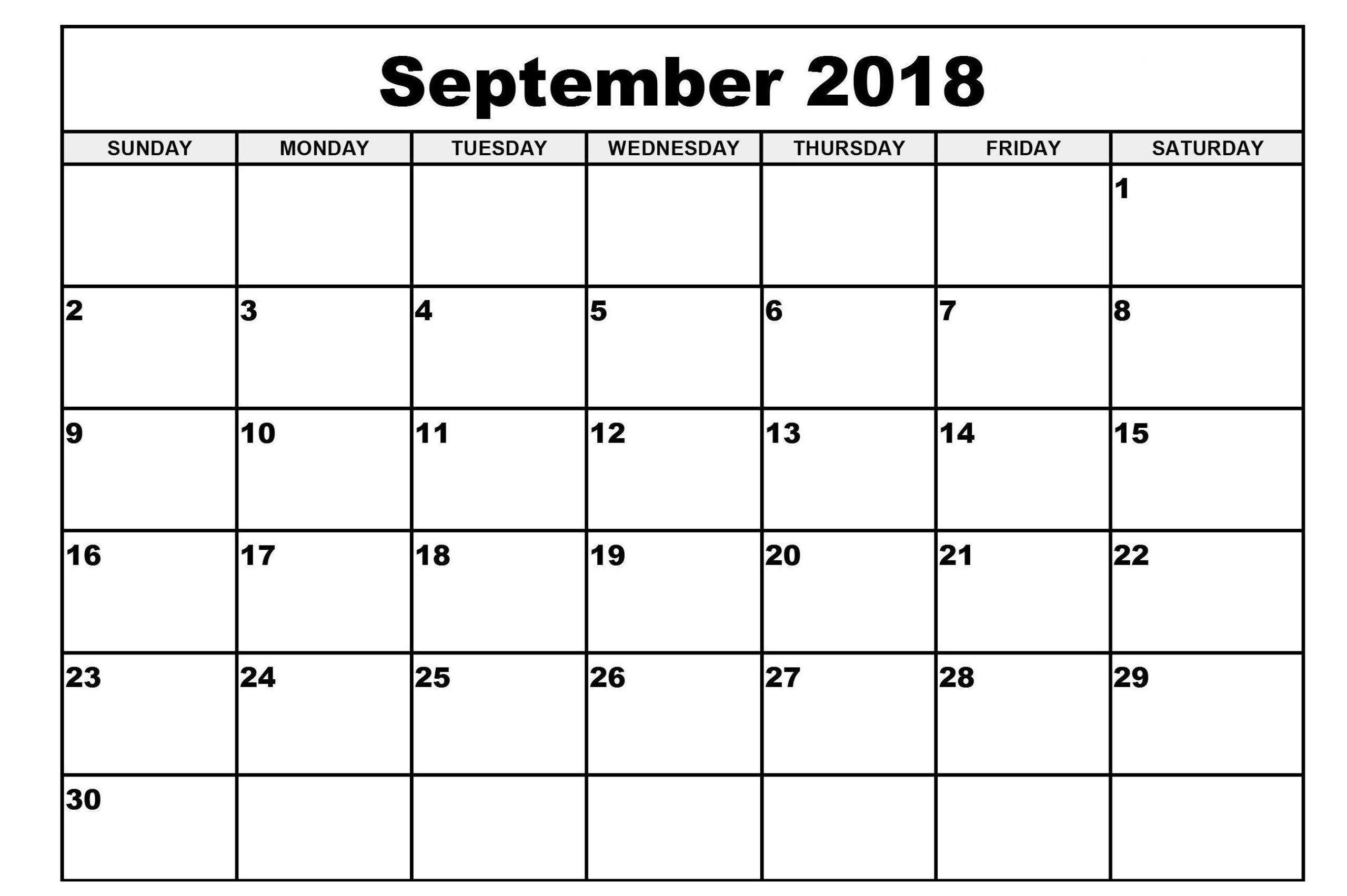 Free Printable September 2018 Blank Calendar Free 
