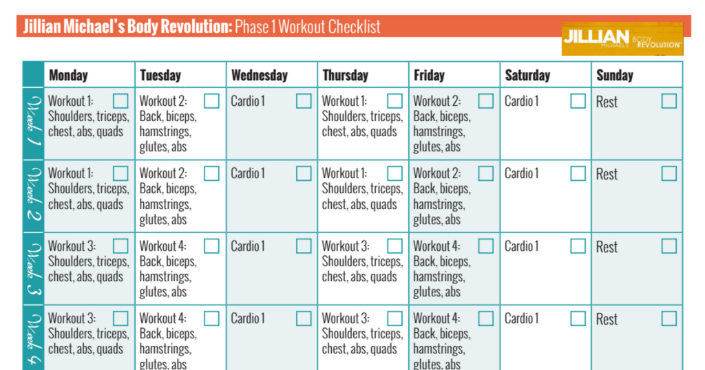 Jillian Michaels Body Revolution Phase 1 Workout Checklist