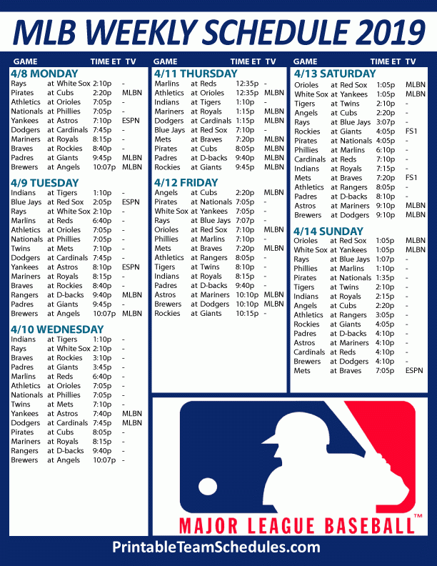 MLB Weekly Schedule 2019 At PrintableTeamSchedules L