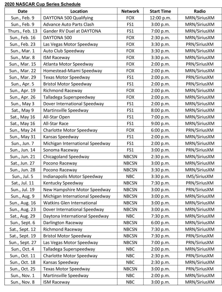 Nascar Xfinity Schedule 2020 Nascar Nascar Cup Series