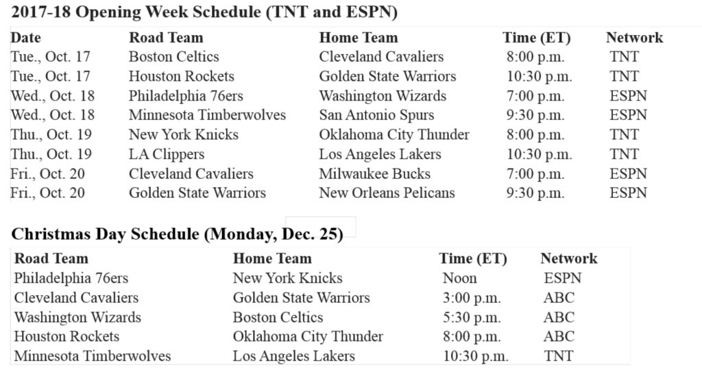 NBA Unveils National TV Schedule For 2017 18 Opening Week