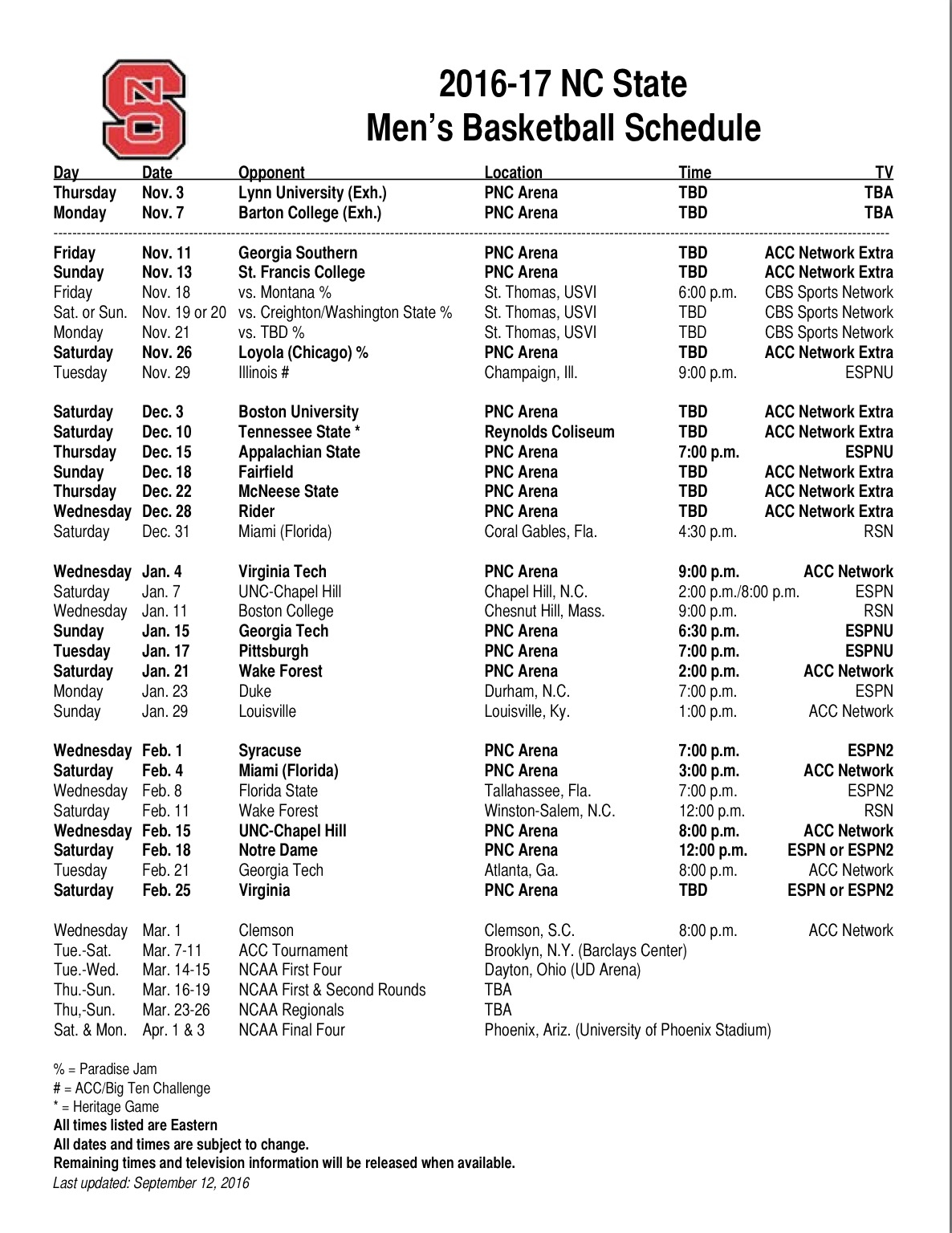 NC State Releases 2016 17 Men s Basketball Schedule Pack 